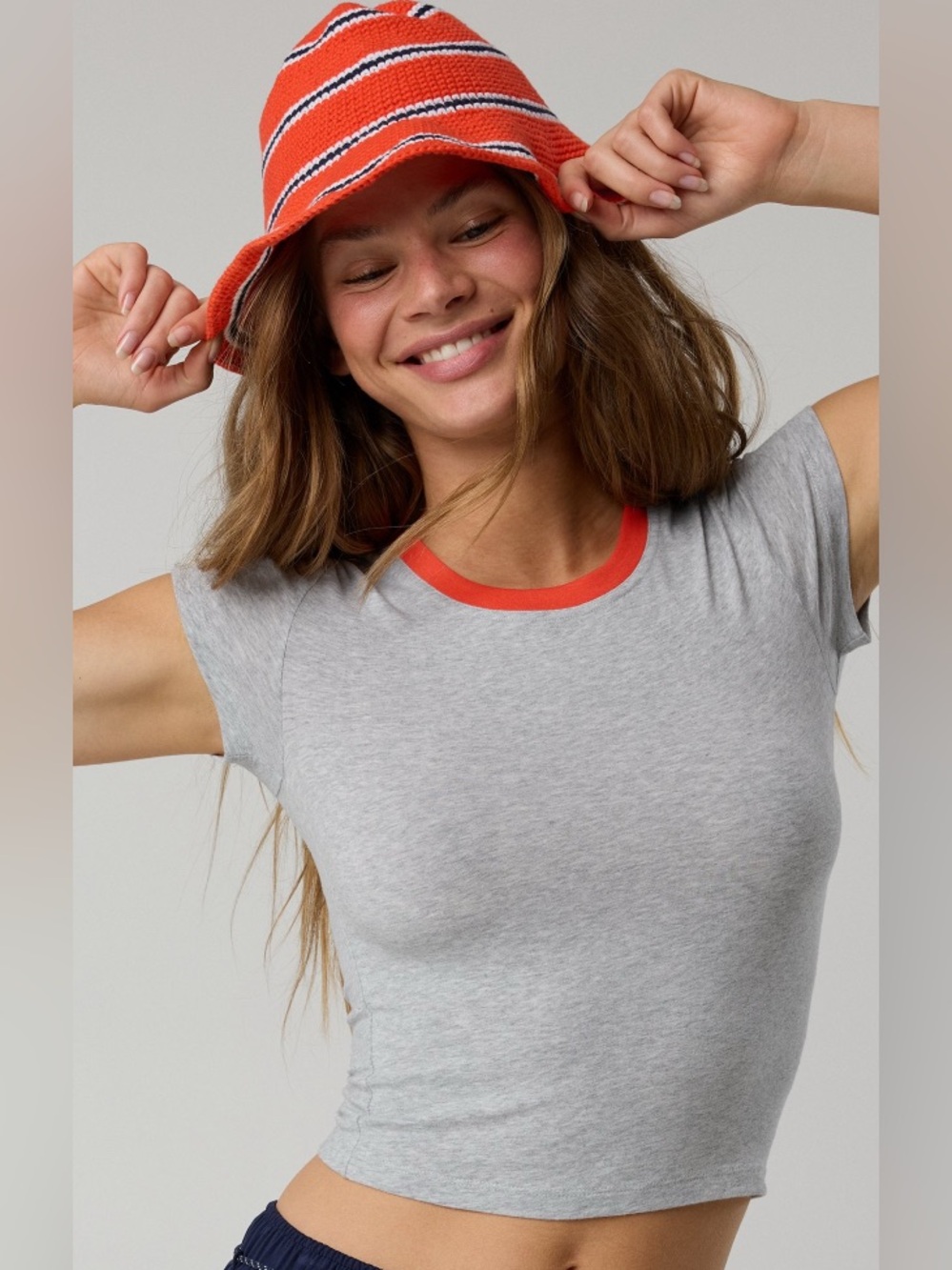 Aerie offline Orange bucket hat with white and navy blue stripes